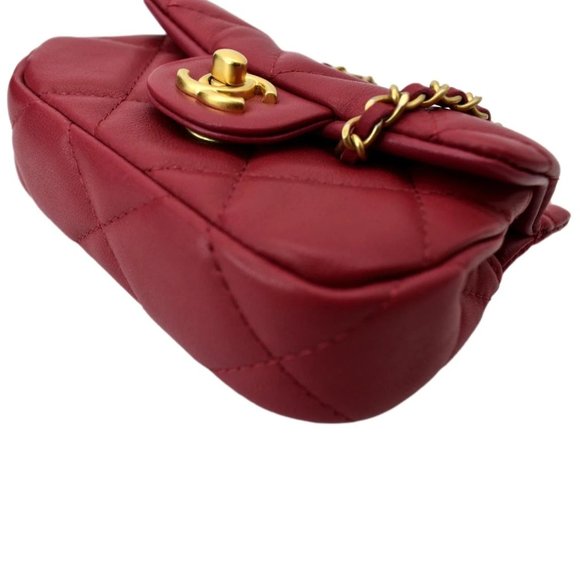 CHANEL Top Handle Flap Card Holder Quilted Leather Chain Shoulder Bag Red - Picture 9 of 14